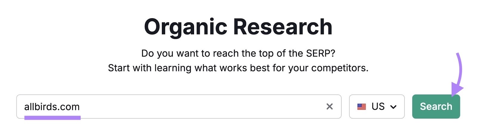 Organic Research tool start with "allbirds.com" entered as the domain and "Search" clicked.