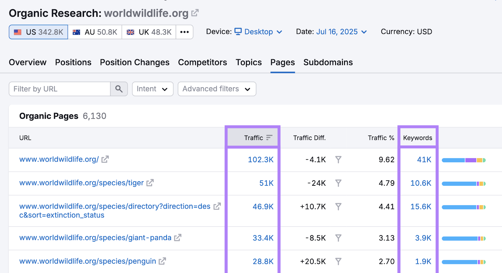 The Pages report has traffic and keyword metrics for each URL.