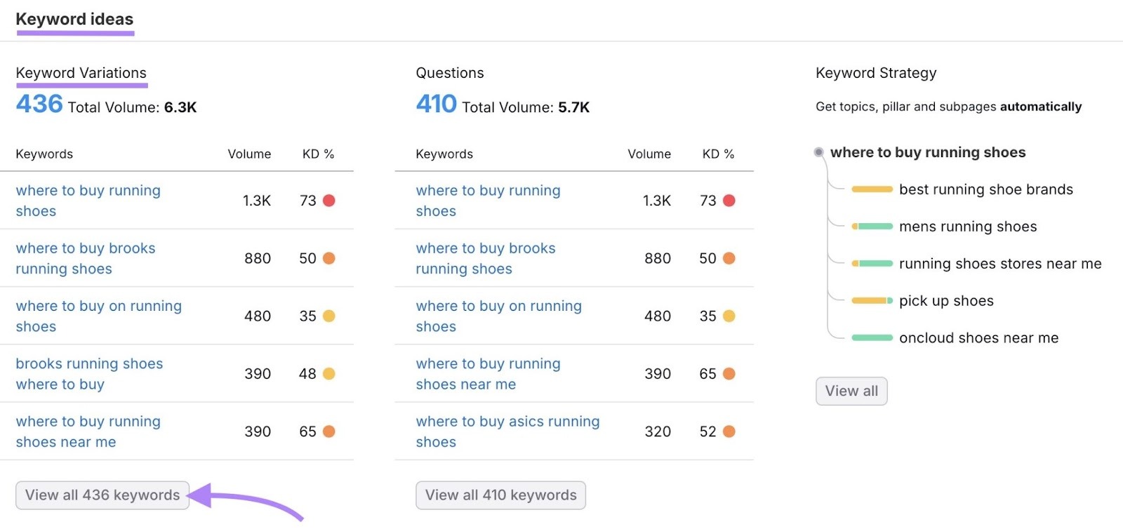 Keyword Variations on the Keyword Overview tool with "View all 436 keywords" clicked.