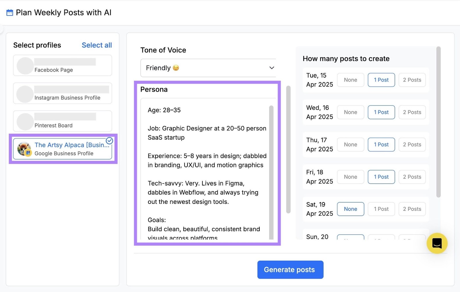 "Plan Weekly Posts with AI" window on RecurPost with the "Persona" section highlighted.