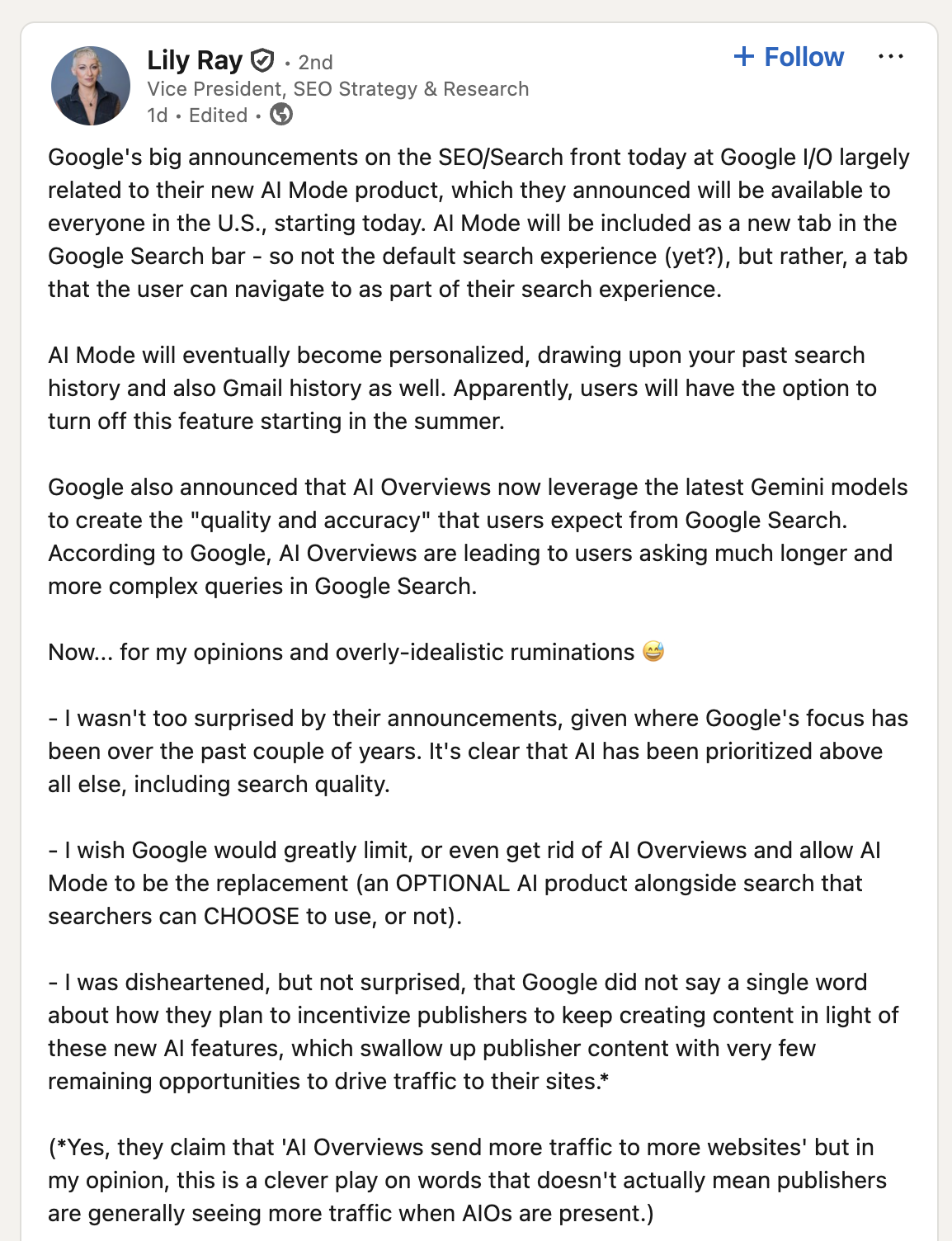 Lily Ray responds to AI Mode rollout on LinkedIn