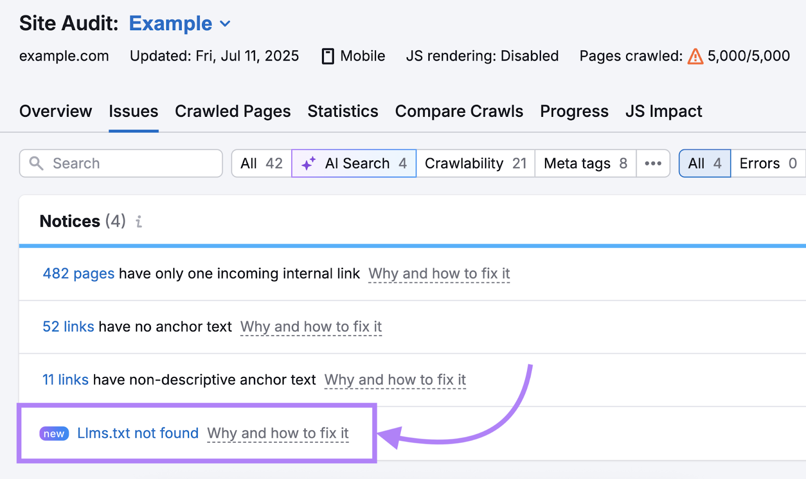 The Issues tab, AI Search filter shows the llms.txt file is not found for a website.