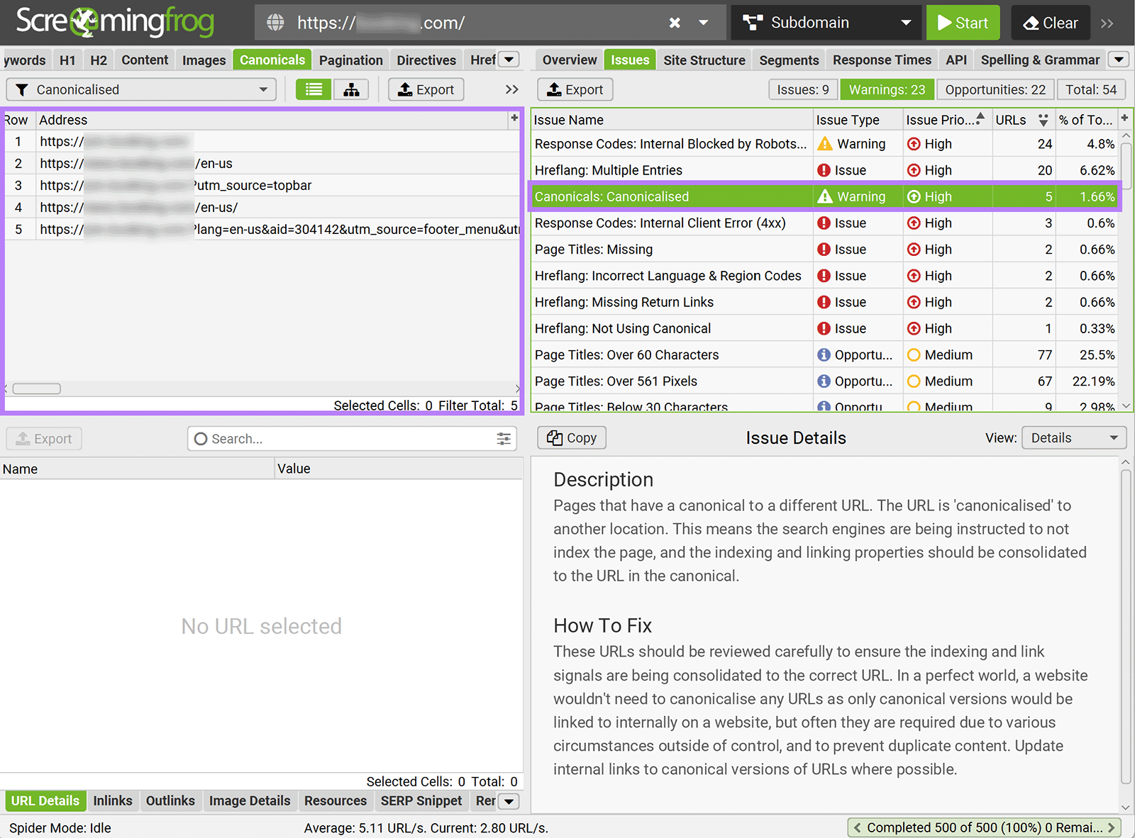 Screaming Frog issue details for canonicalized URLs with description and fix steps.