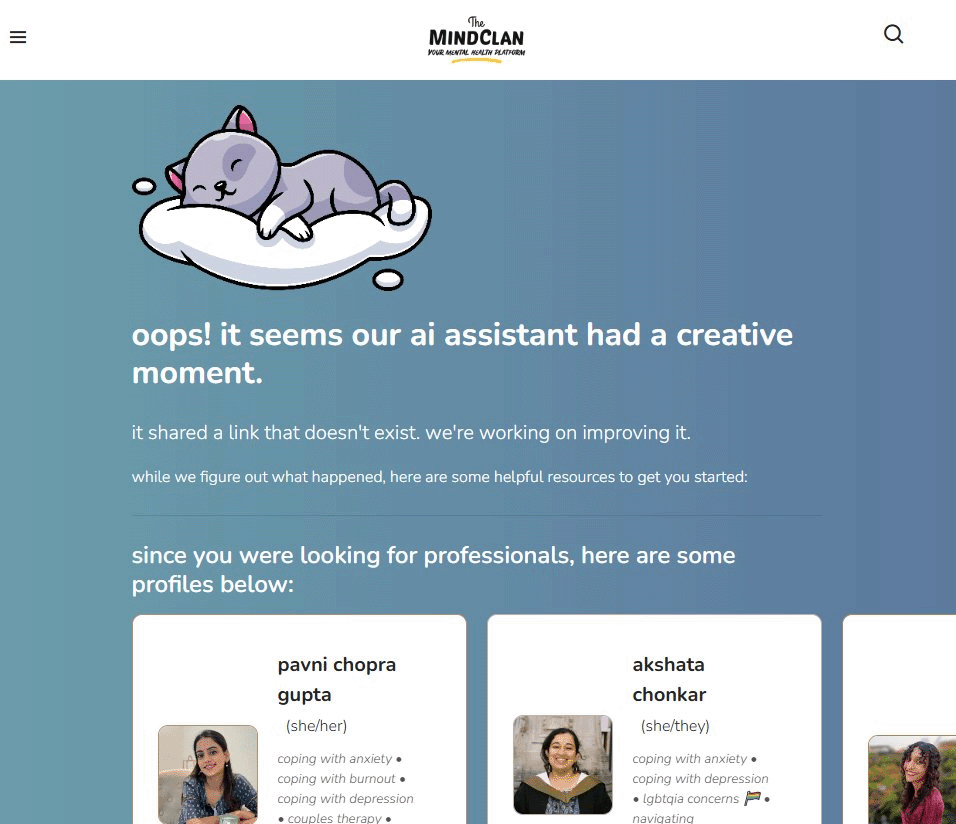 MindClan 404 page with cartoon cat and message about AI assistant sharing a broken link.