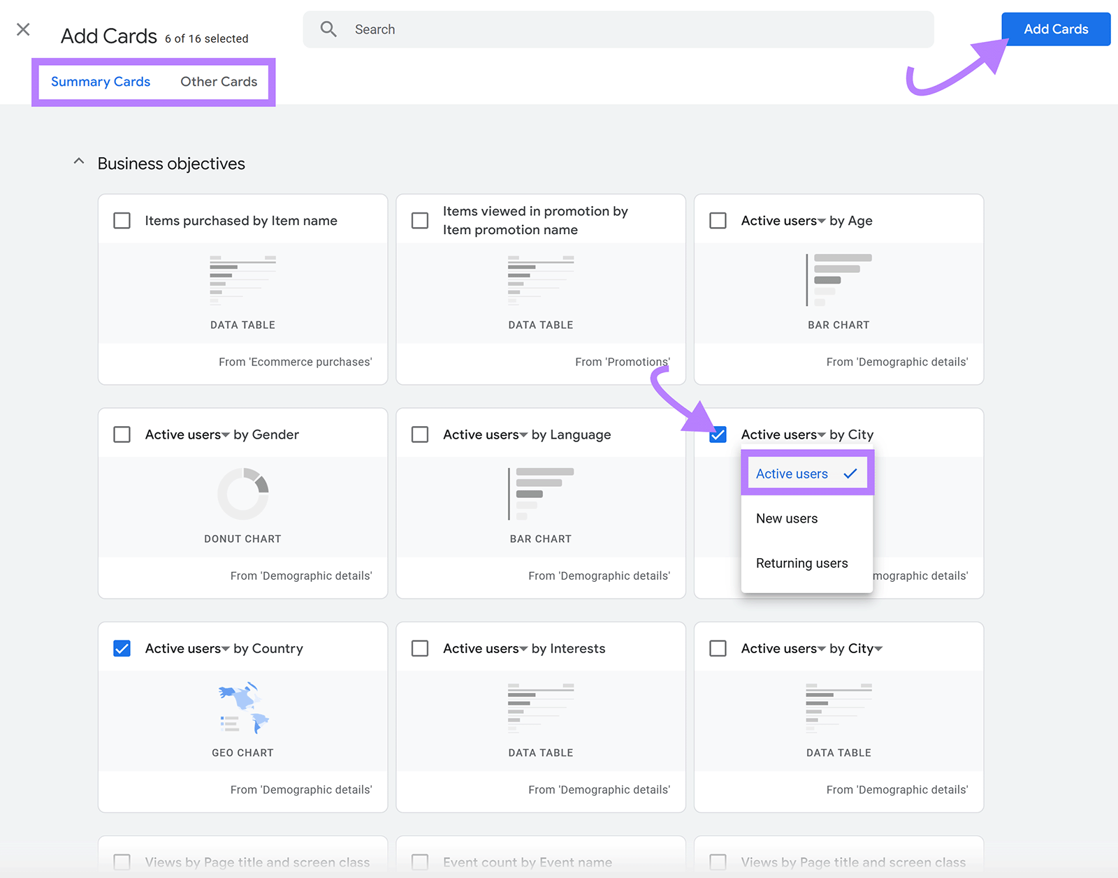 Add Cards page with tabs highlighted, cards checked, and arrow to Add Cards button