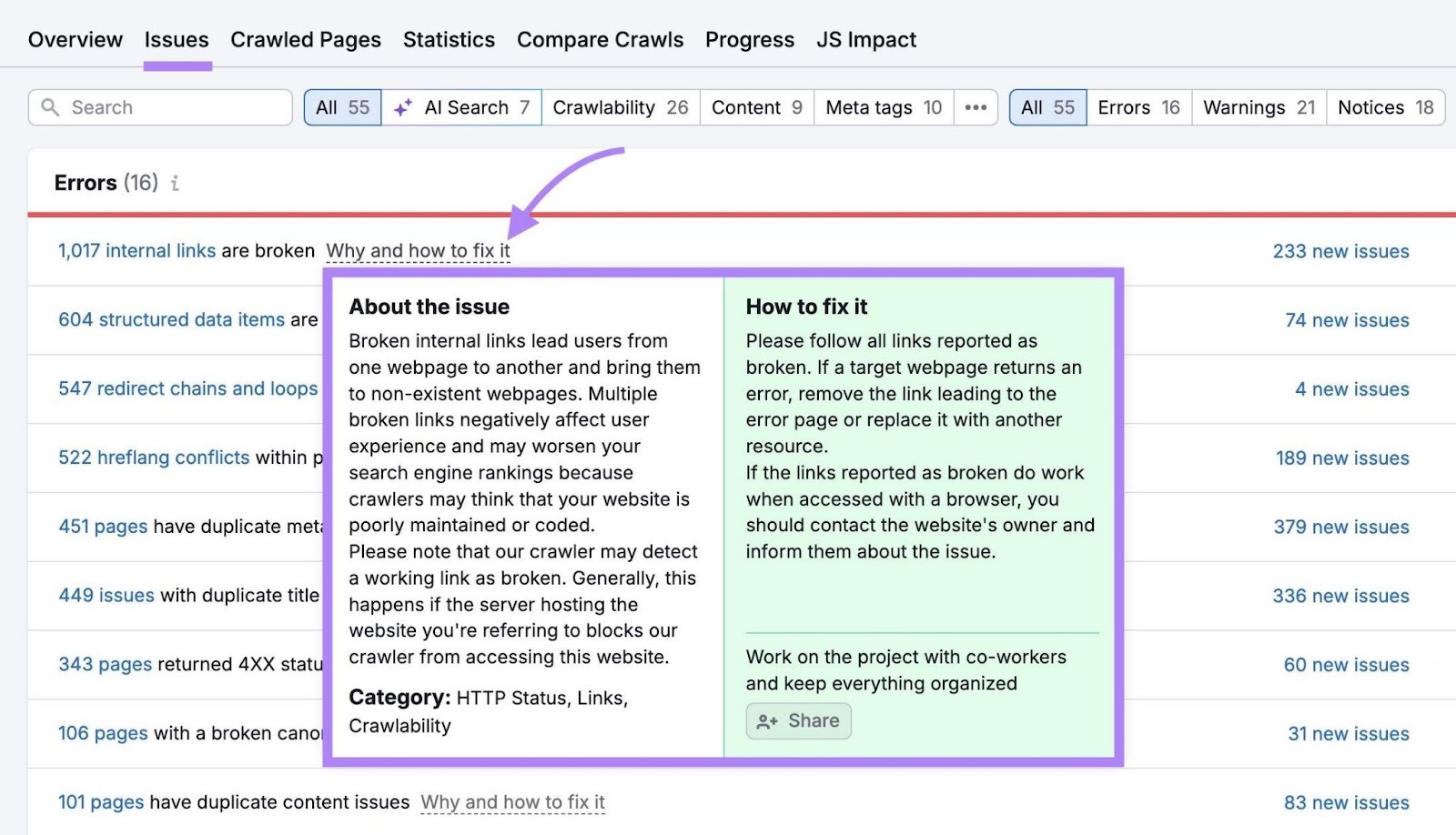 Site Audit Issues with "Why and how to fix it" next to an error clicked which shows more information about the issue.