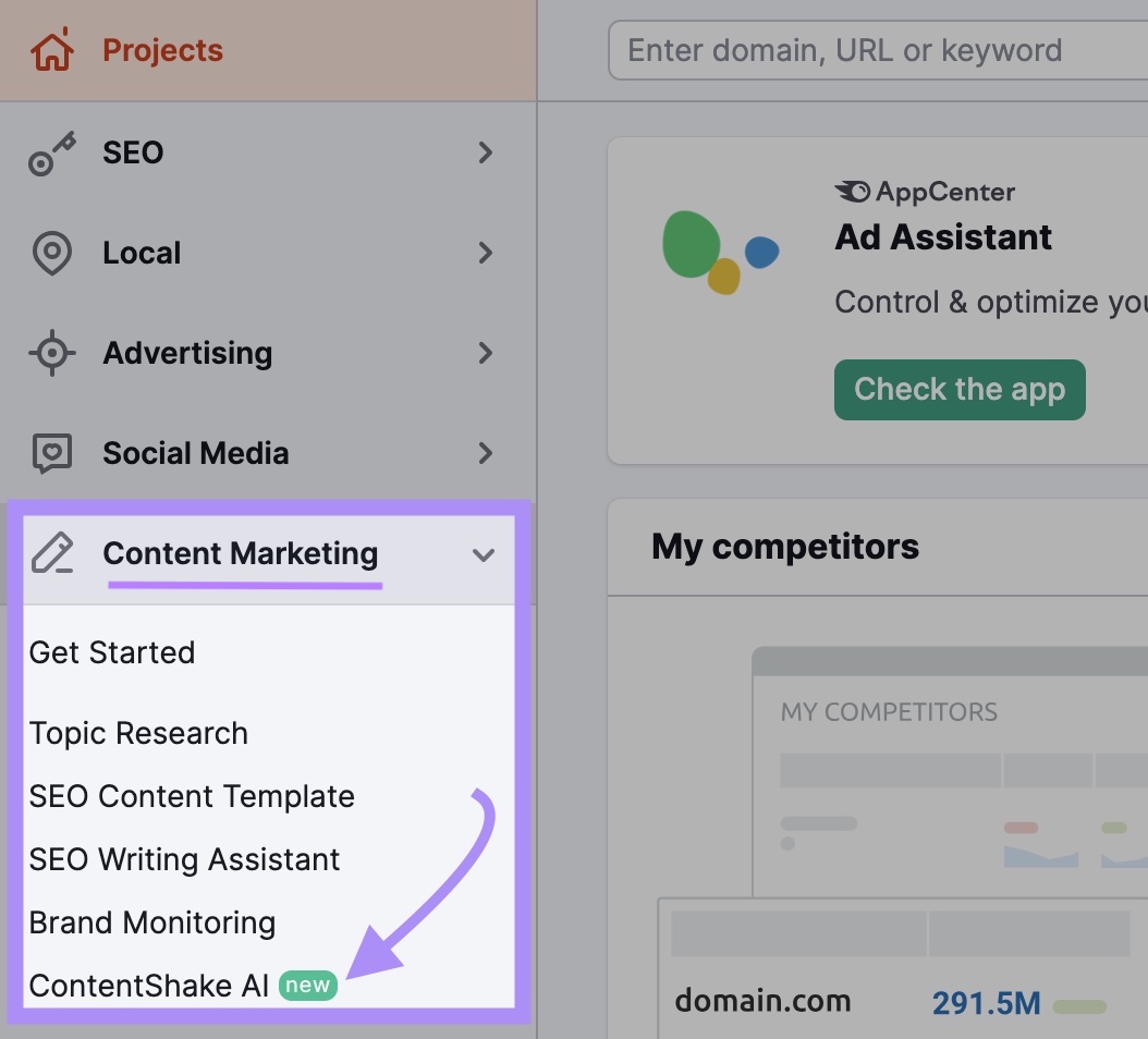 The "Content Marketing" drop-down on Semrush's left-hand side menu open and "ContentShake AI" clicked.