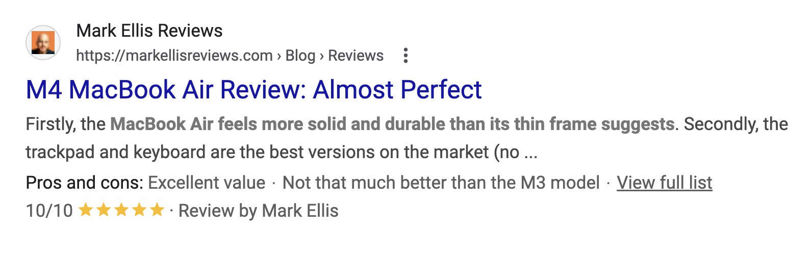 A SERP listing with schema markup that displays a star rating, the reviewer's name, and a list of pros and cons.