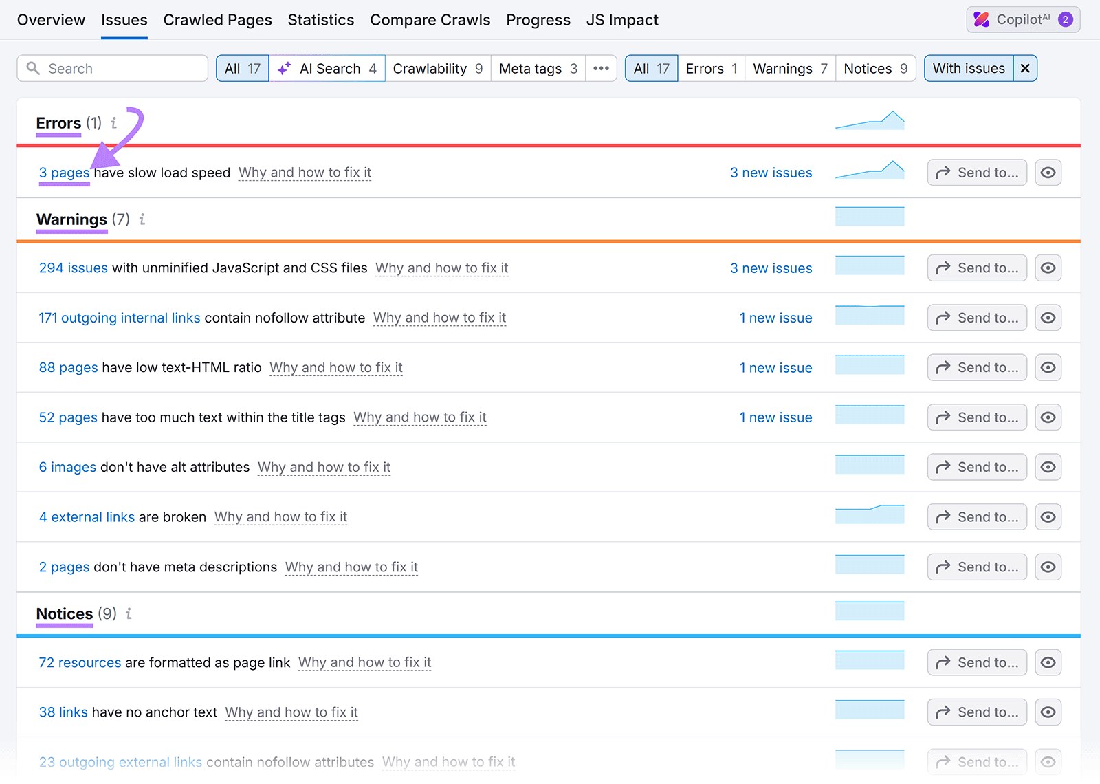 Audit issues panel showing one error for slow load speed, highlighted with arrow.