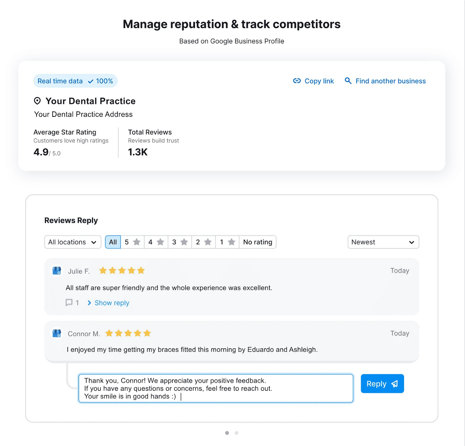 Replying to a review from the Review Management tool