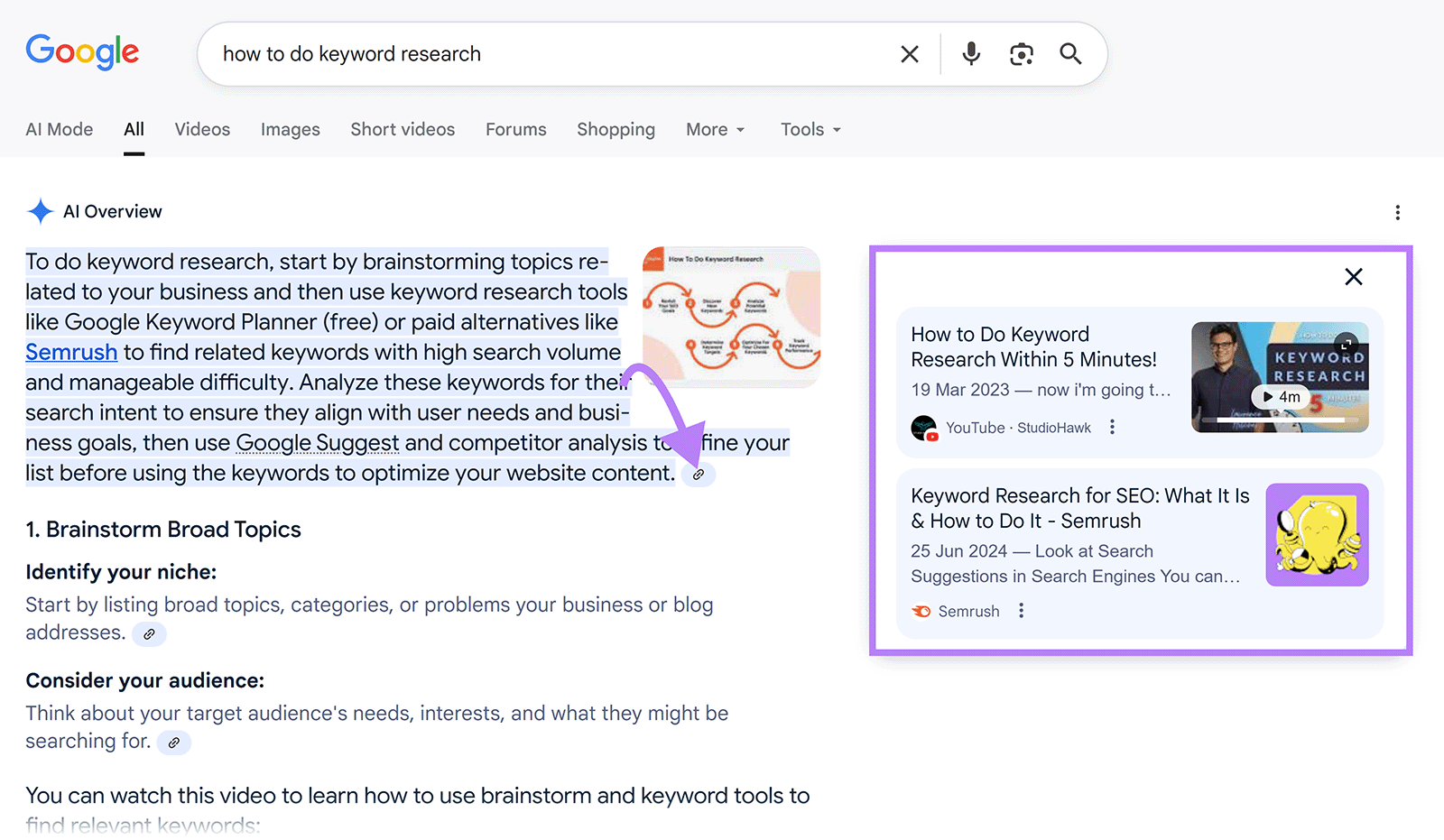 Google search AI Overview on keyword research with linked resources and videos.