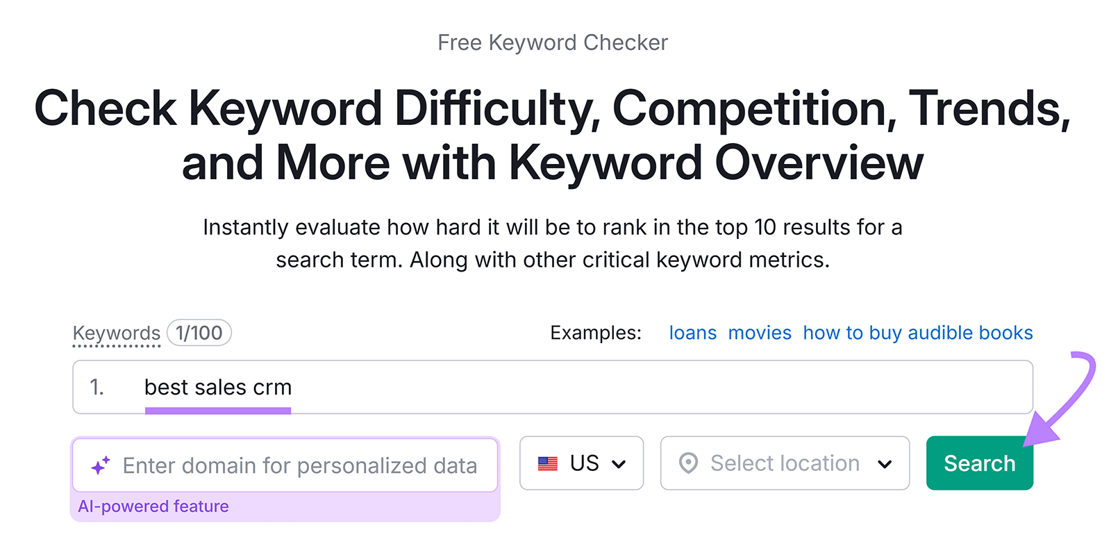 Semrush keyword overview start with "best sales crm" typed and a purple arrow pointing to the Search button.