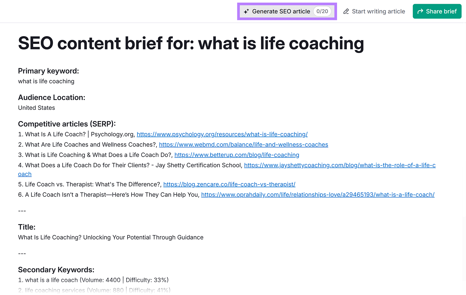 SEO content brief for “what is life coaching” with 'Generate SEO article' button highlighted