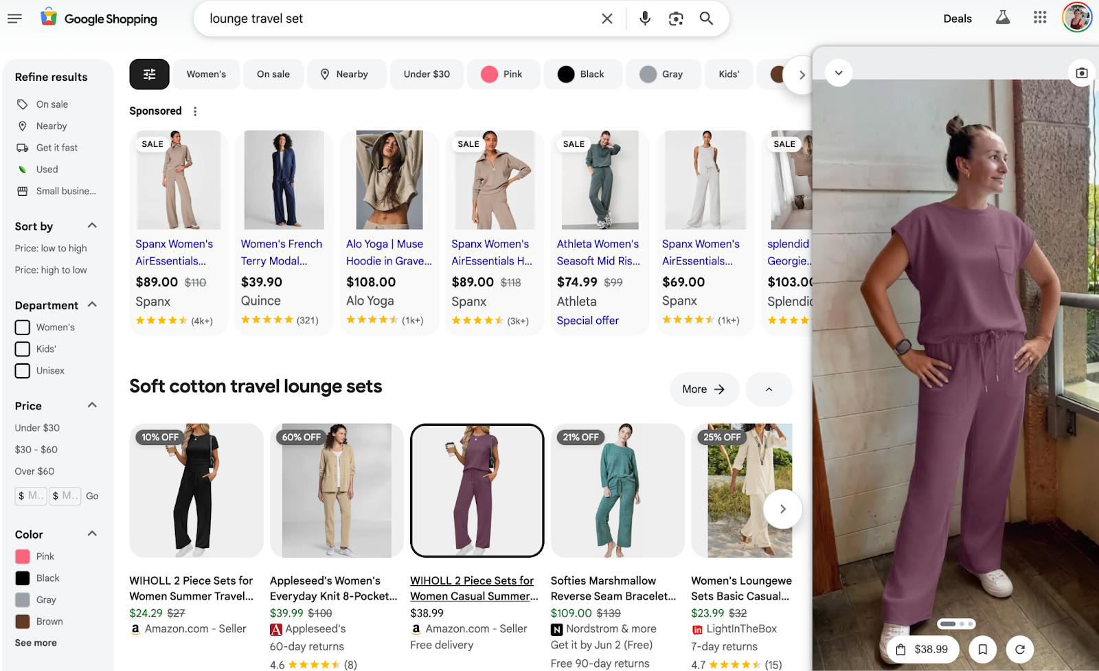 Google shopping "try it on" AI feature for lounge travel set