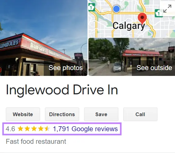 The Google Business Profile of "Inglewood Drive In" with the ratings and reviews highlighted.