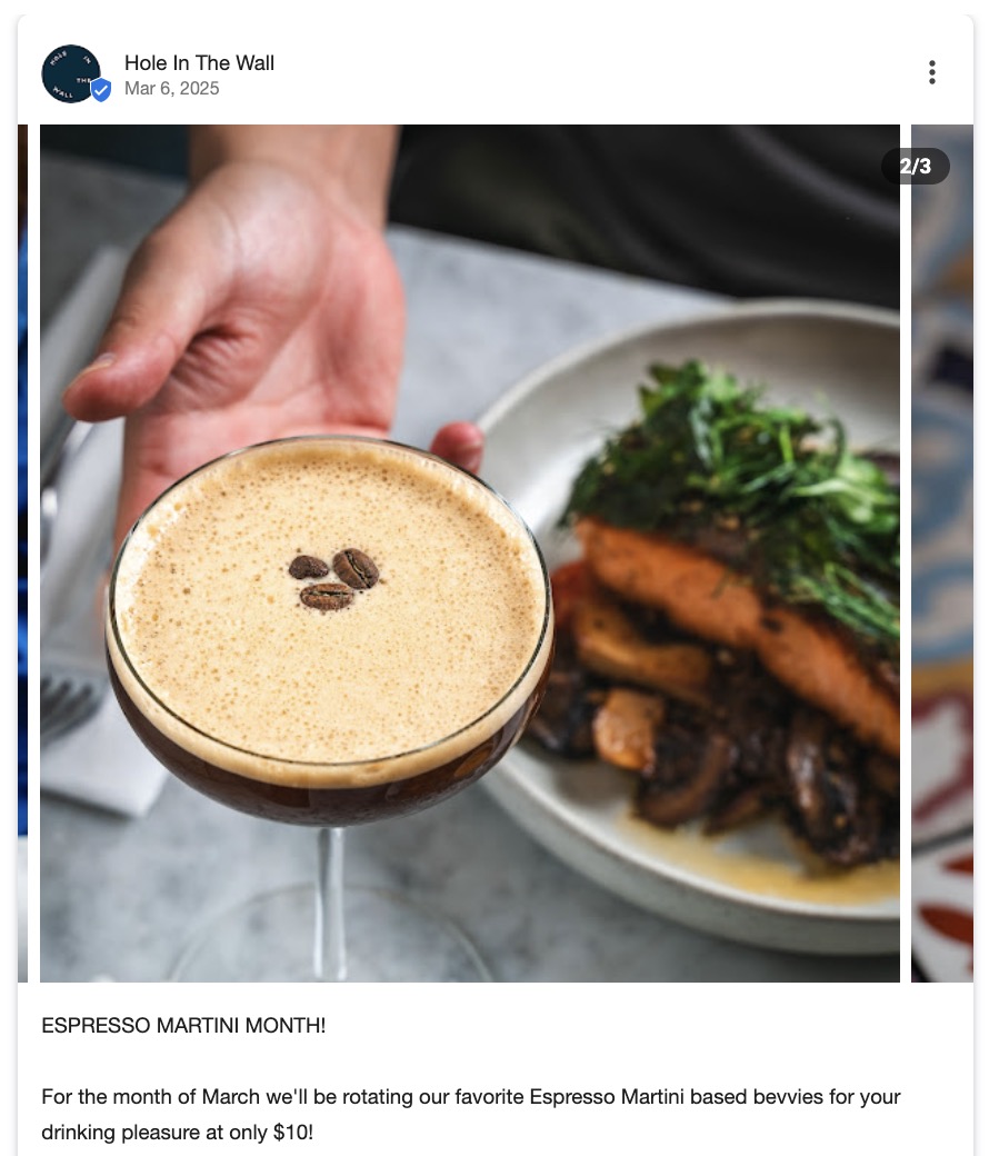 Google Business Profile post by a cafe, Hole in the Wall, showcasing a promotion they're running offering $10 espresso martinis.
