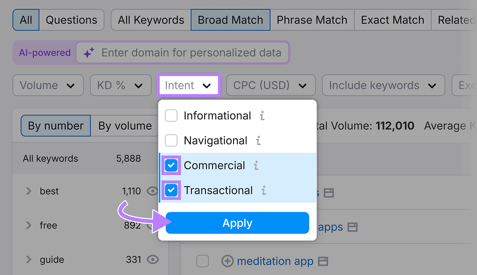 Intent filter dropdown with Commercial and Transactional selected, arrow pointing to Apply button.