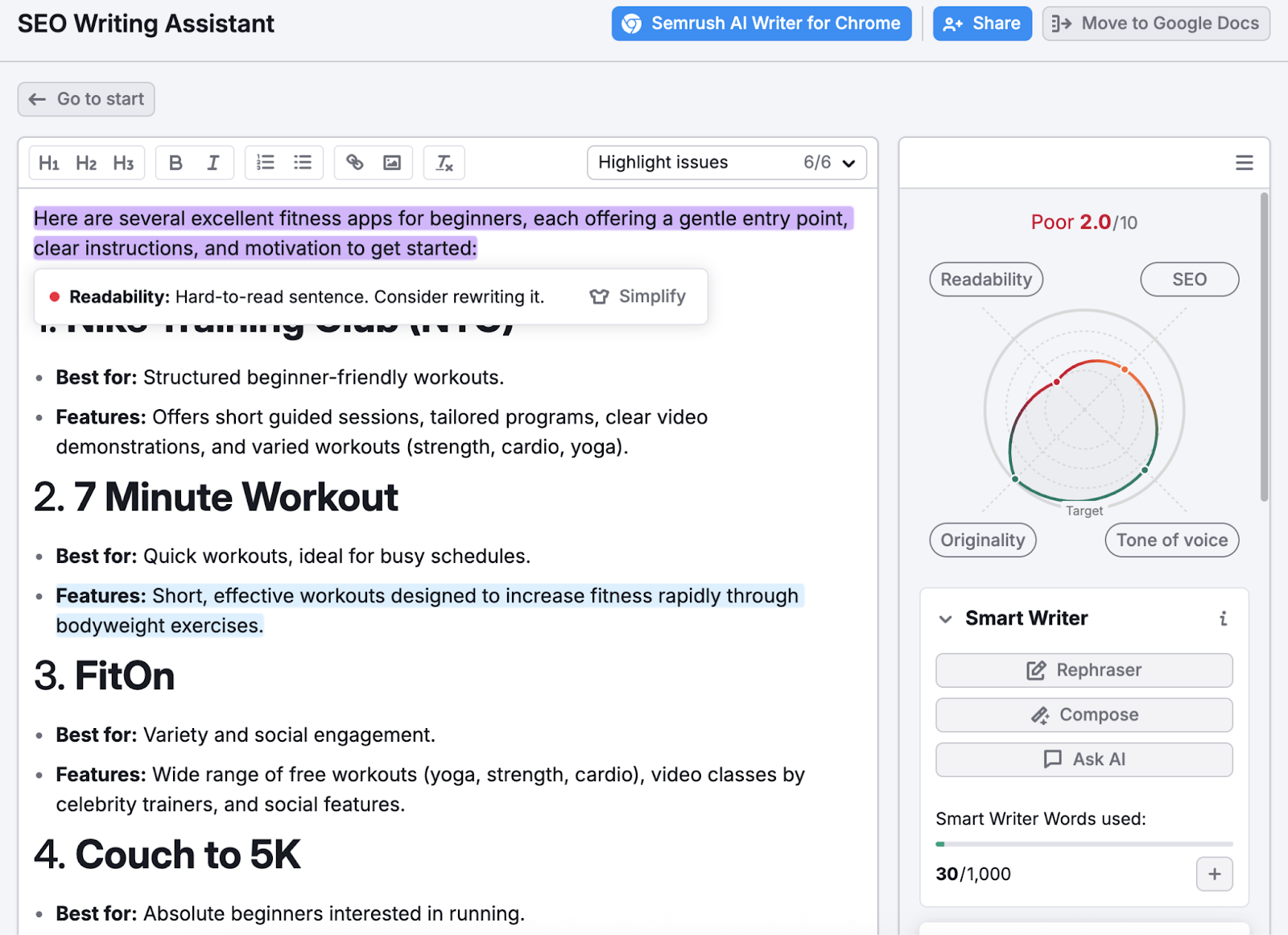 Text in the editor is highlighted to show potential improvements like better readability, SEO, tone of voice, and originality.