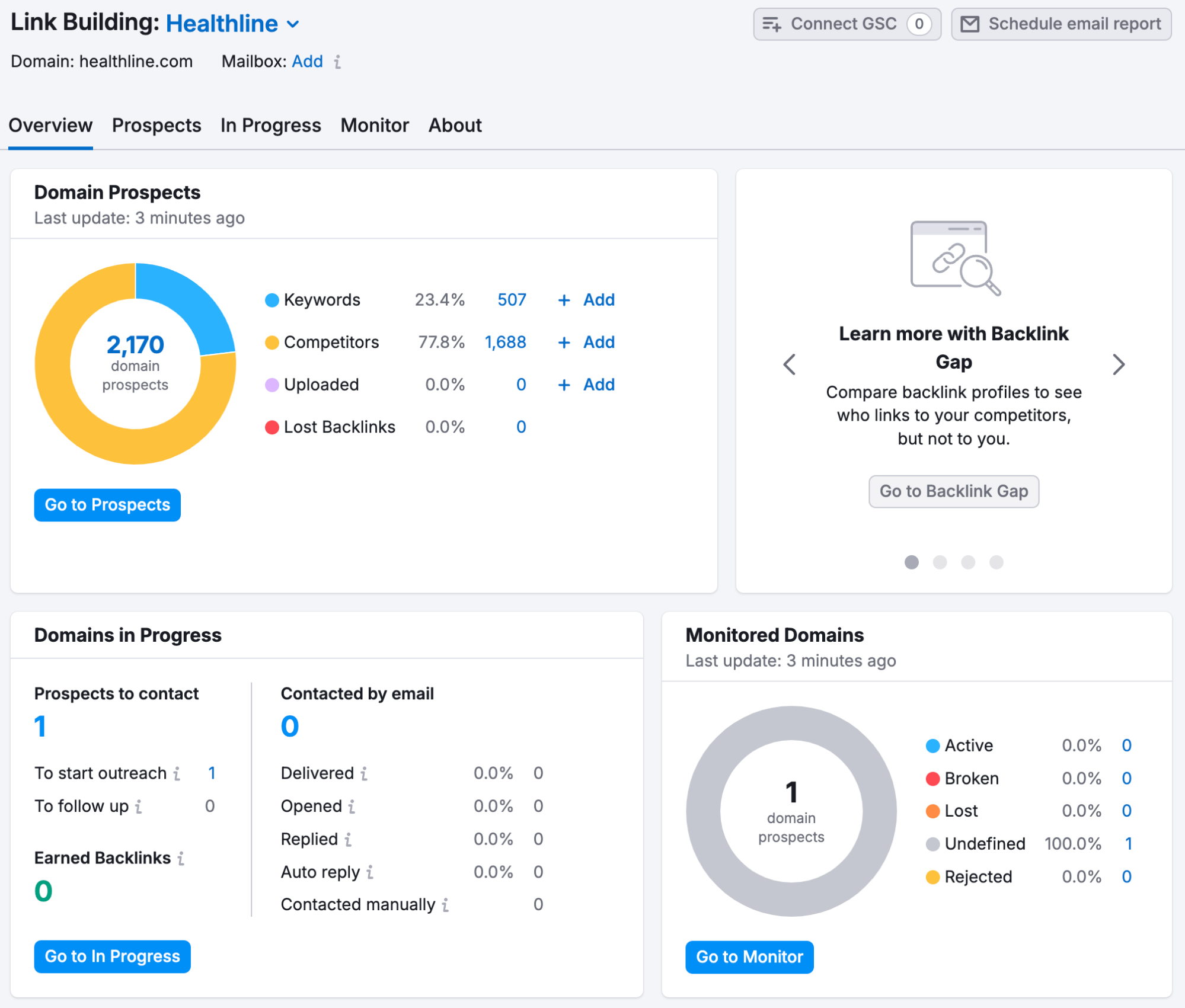 link building tool overview report gives status on acquiring backlinks