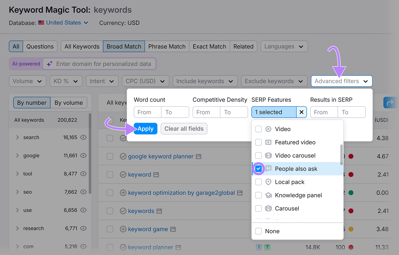 Keyword Magic Tool advanced filter dropdown with arrow pointing to Apply button and People also ask option selected.