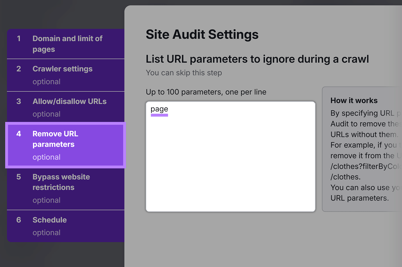 “Remove URL parameters” section in Site Audit’s Settings