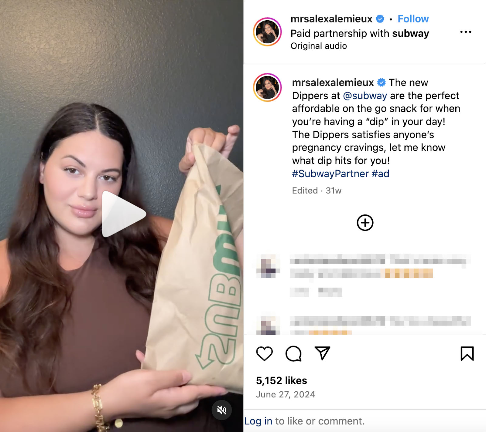 Instagram post of influencer holding Subway bag with paid partnership caption.