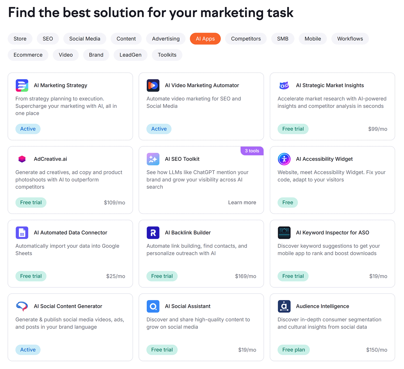 Dashboard listing AI marketing apps with descriptions and pricing, including tools for SEO, video, and social media.