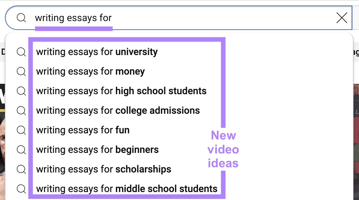 The YouTube search bar with "writing essays for" entered with a list of autocomplete suggestions appearing below.
