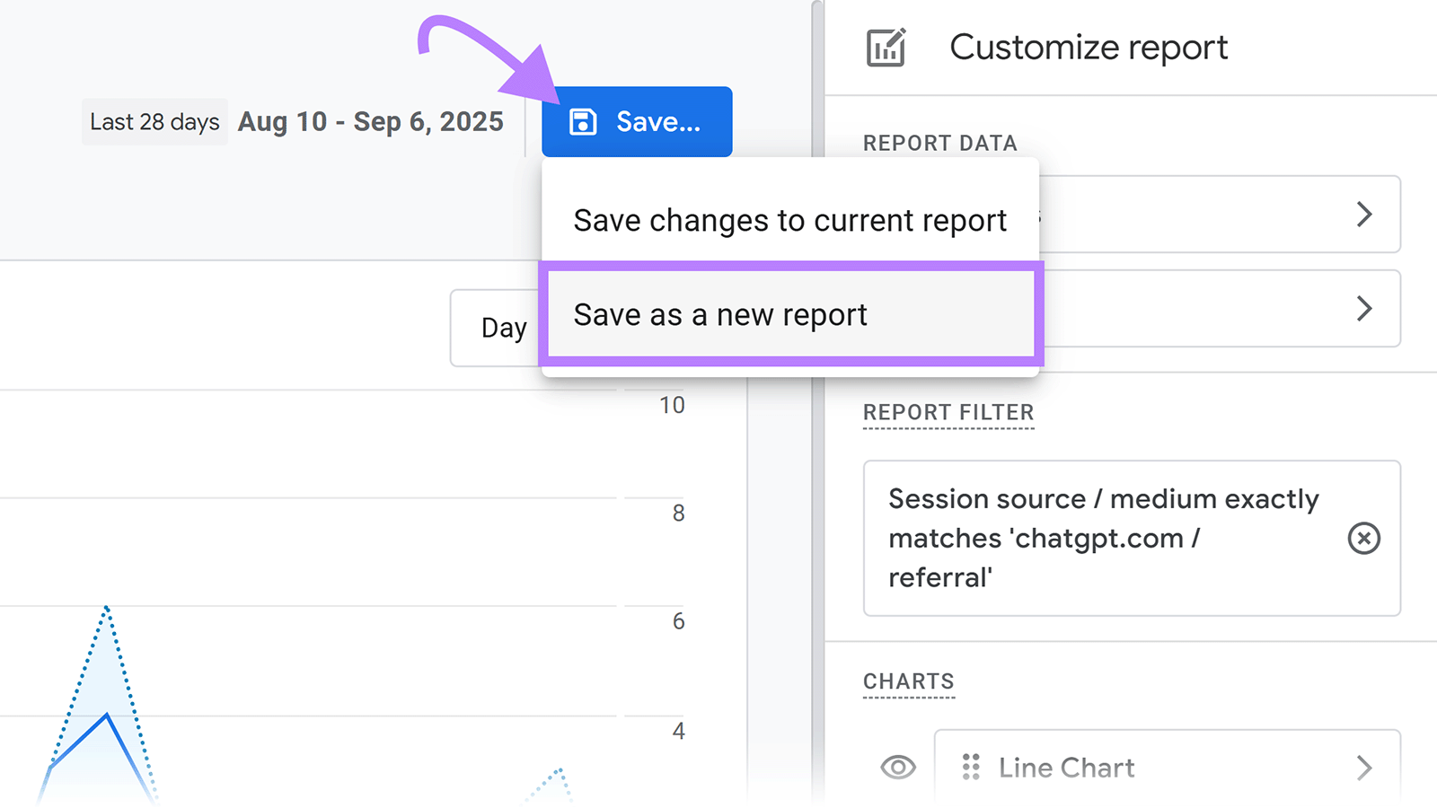 Save menu with Save as a new report option highlighted in GA4.