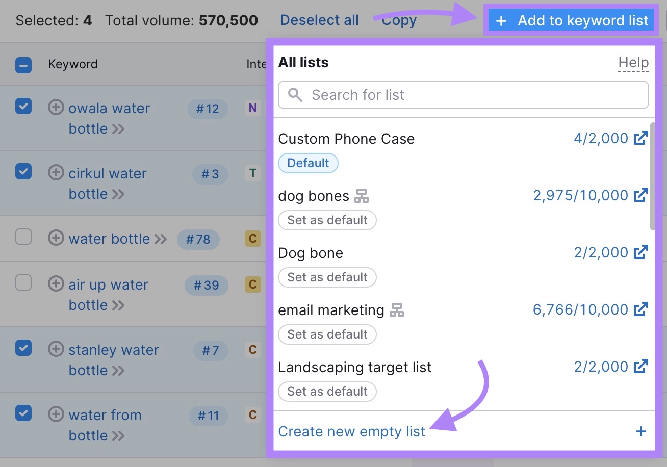 “Create new empty list” marked with a purple arrow in the "+ Add to keyword list" drop-down in Semrush Keyword Magic Tool