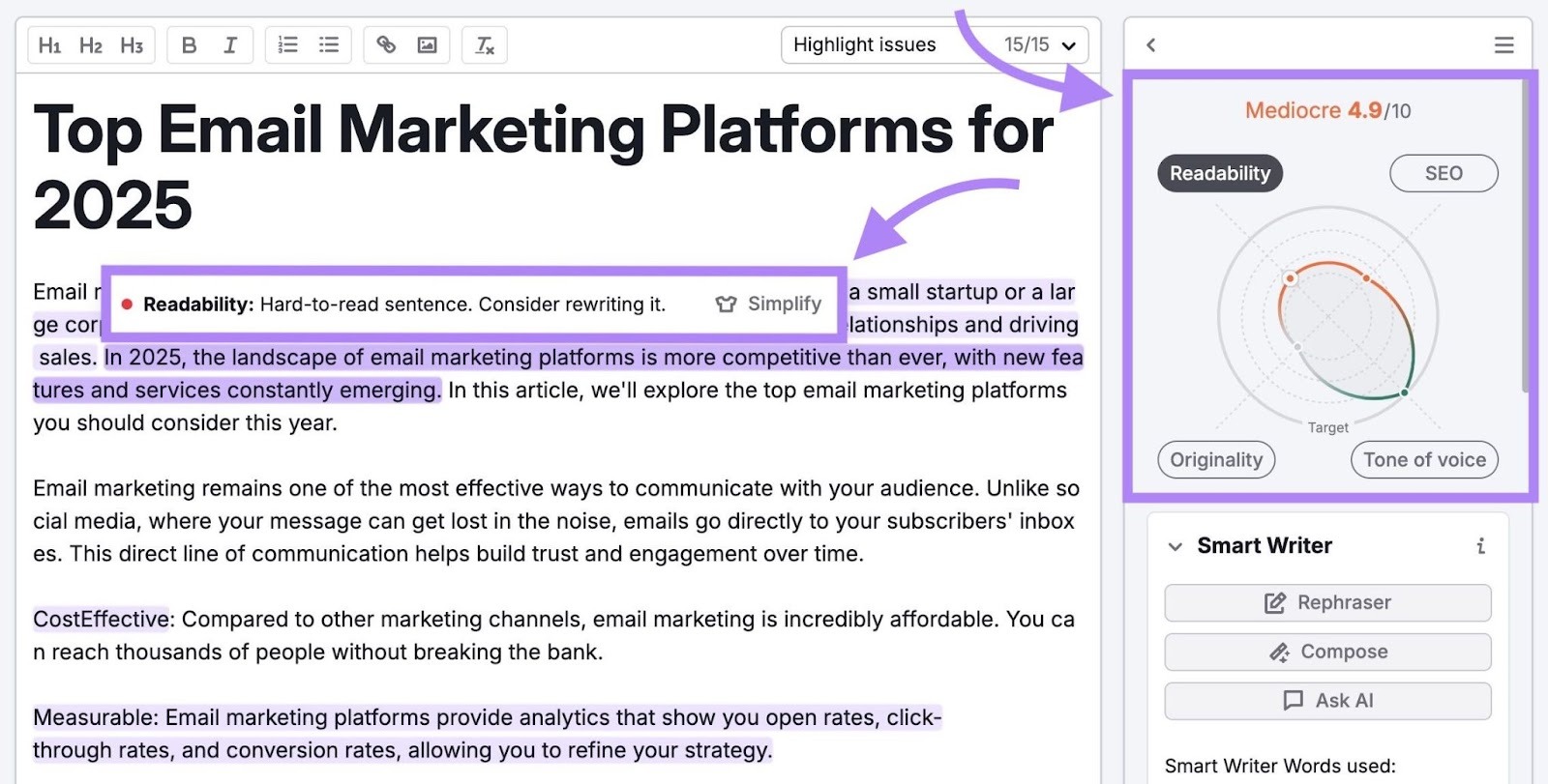 SEO Writing Assistant with a content score based on SEO, readability, originality, and tone along with specific suggestions to improve the article.