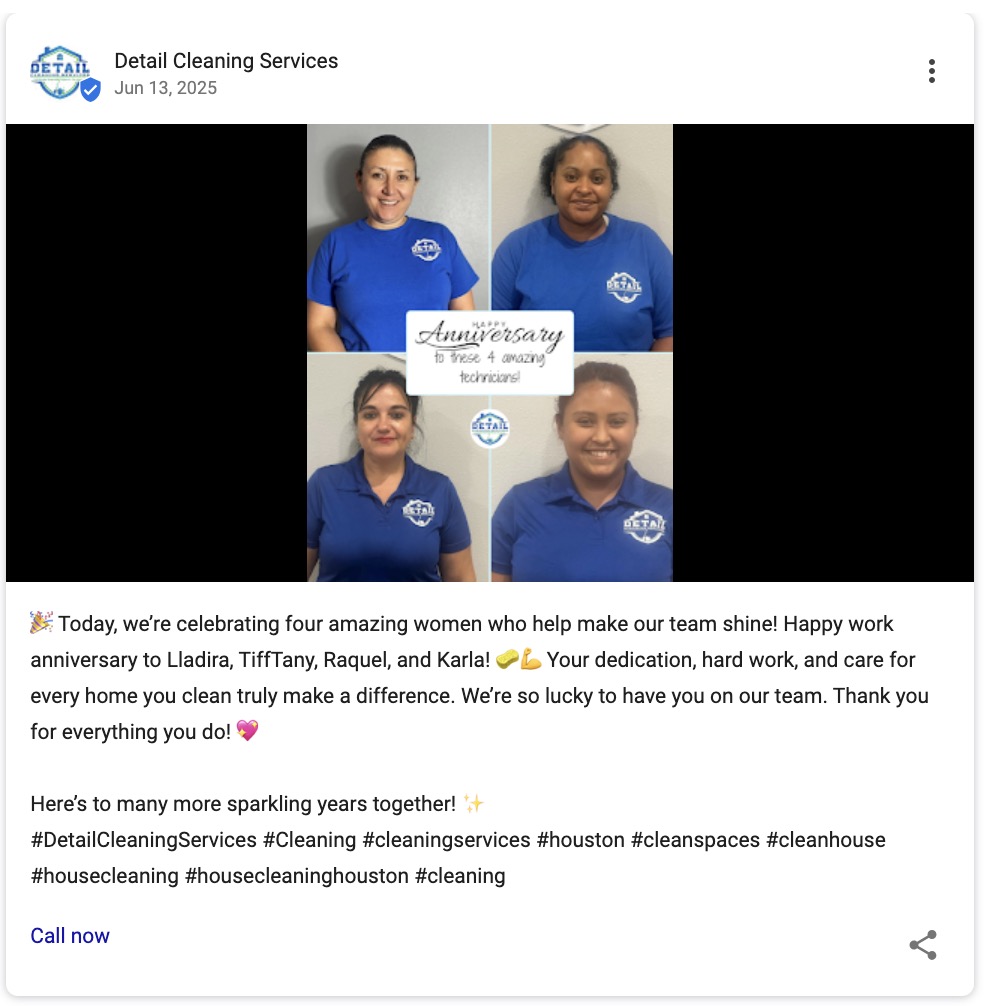 Google Business Profile post by a cleaning service celebrating their employees, thanking them by name and share their photos.