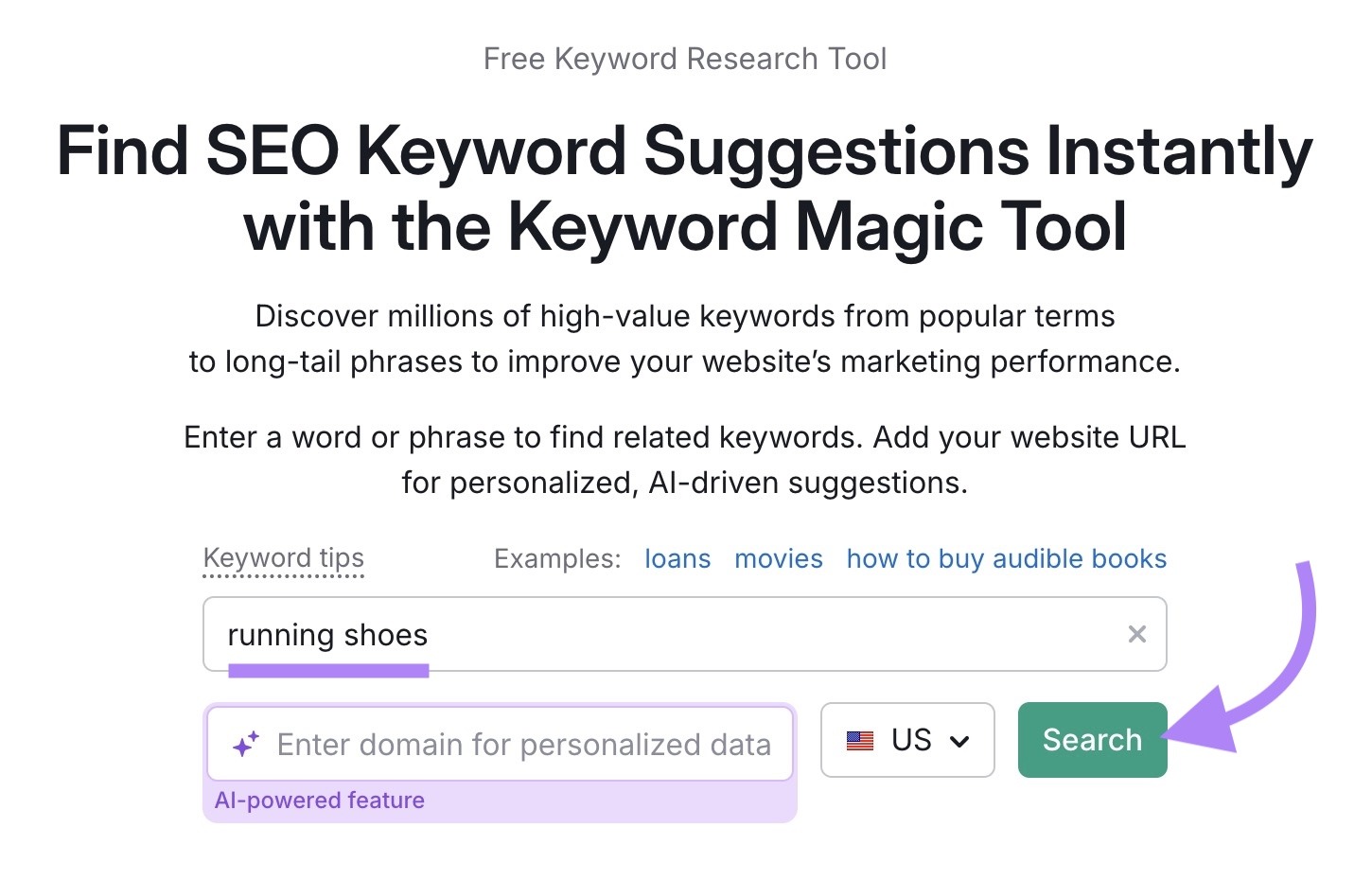 Keyword Magic Tool start with "running shoes" entered as the term and "Search" clicked.
