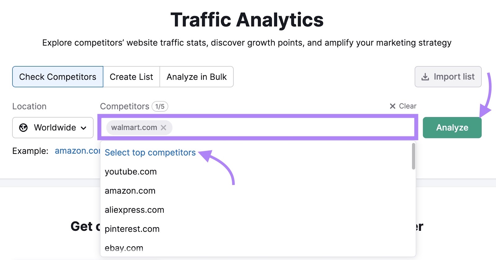 Semrush Traffic Analytics tool start with a domain entered, and "Select top competitors" from the drop-down and the "Analyze" button marked with purple arrows