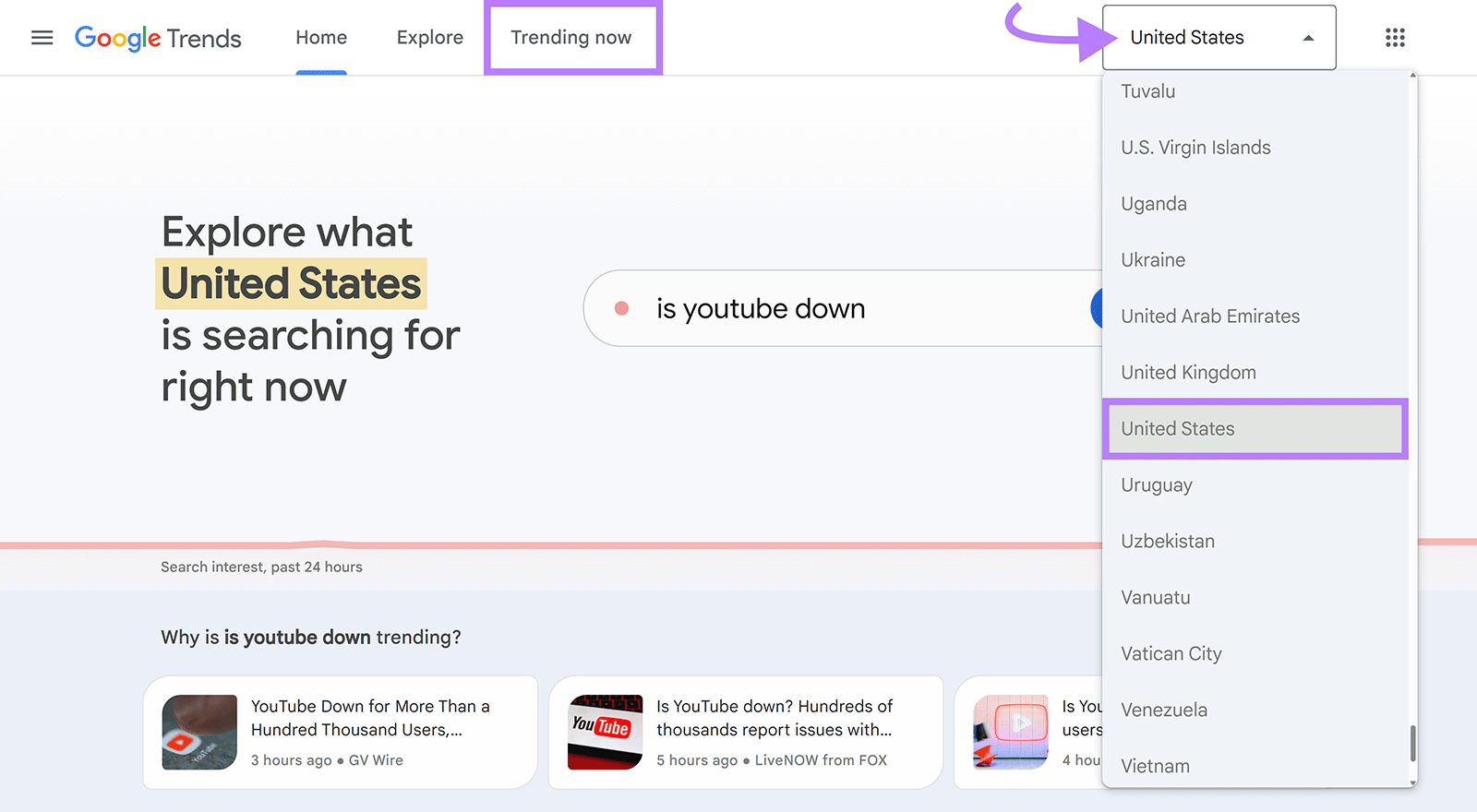 Google Trends start page with arrow to country dropdown button, United States selected, and Trending now tab highlighted.