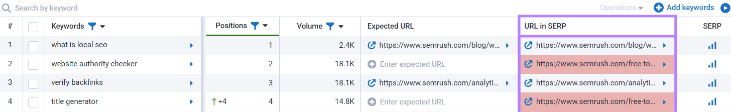 URL in SERP column is highlighted in the keyword ranking table.