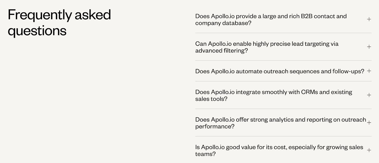 The Frequently asked questions section on Apollo's homepage addressing relevant questions a prospective buyer might have.