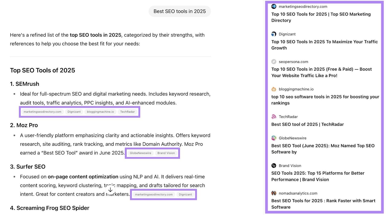 The prompt "Best SEO tools in 2025" generating results with source links from around the web.