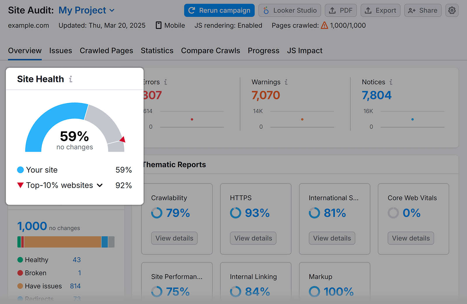 "Site Health" section highlighted in the report