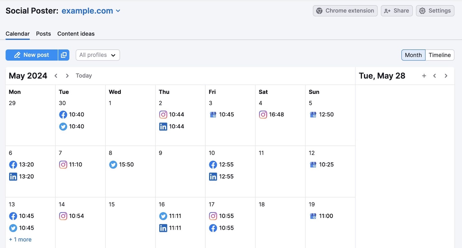 Calendar view on Social Poster showing the posts scheduled on each day of the month across different channels.