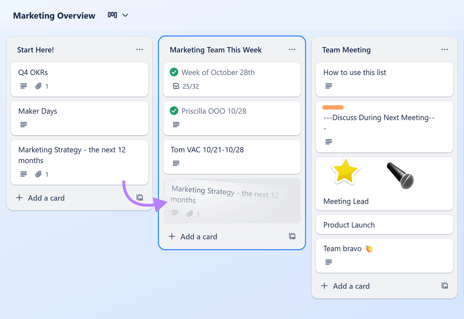 Project board showing cards and arrow indicating card moved between lists.