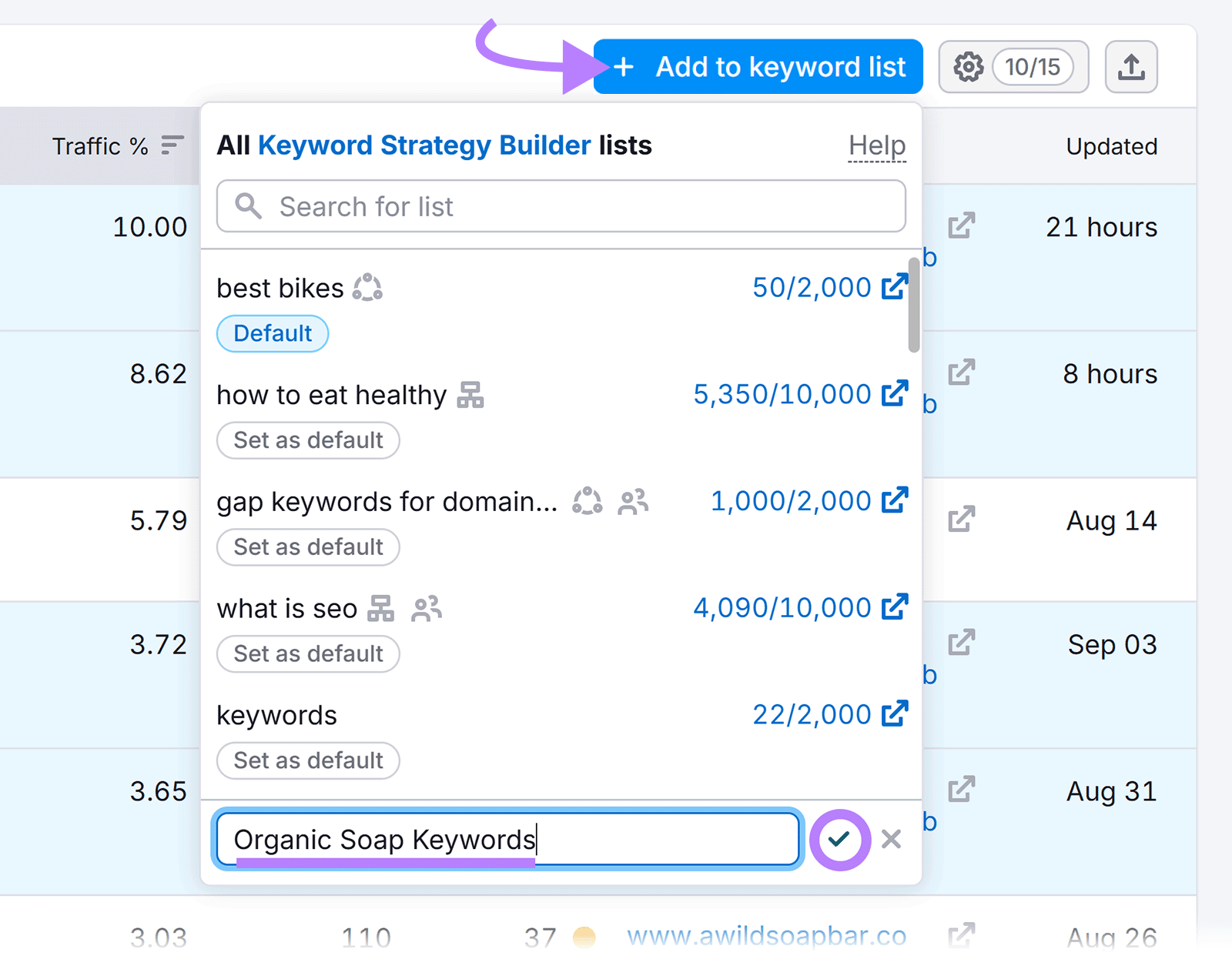 Dropdown showing keyword lists with a new entry “Organic Soap Keywords” being added.