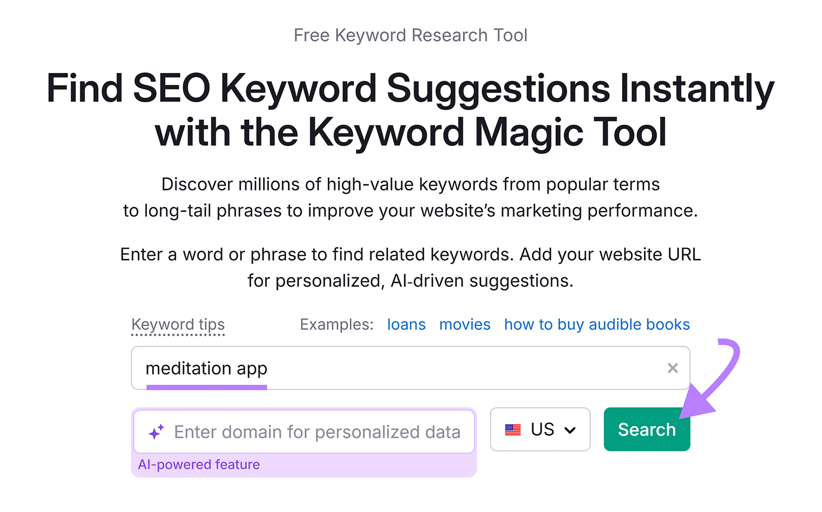 Keyword Magic Tool showing 'meditation app' entered with arrow pointing to Search button.