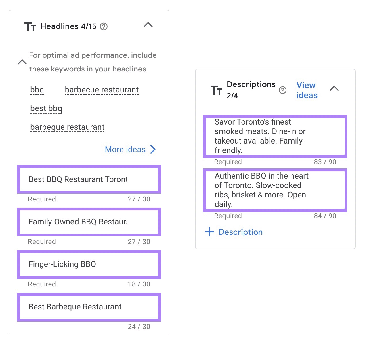 Ad creation screen showing highlighted BBQ-related headlines and descriptions with boxed keyword suggestions.