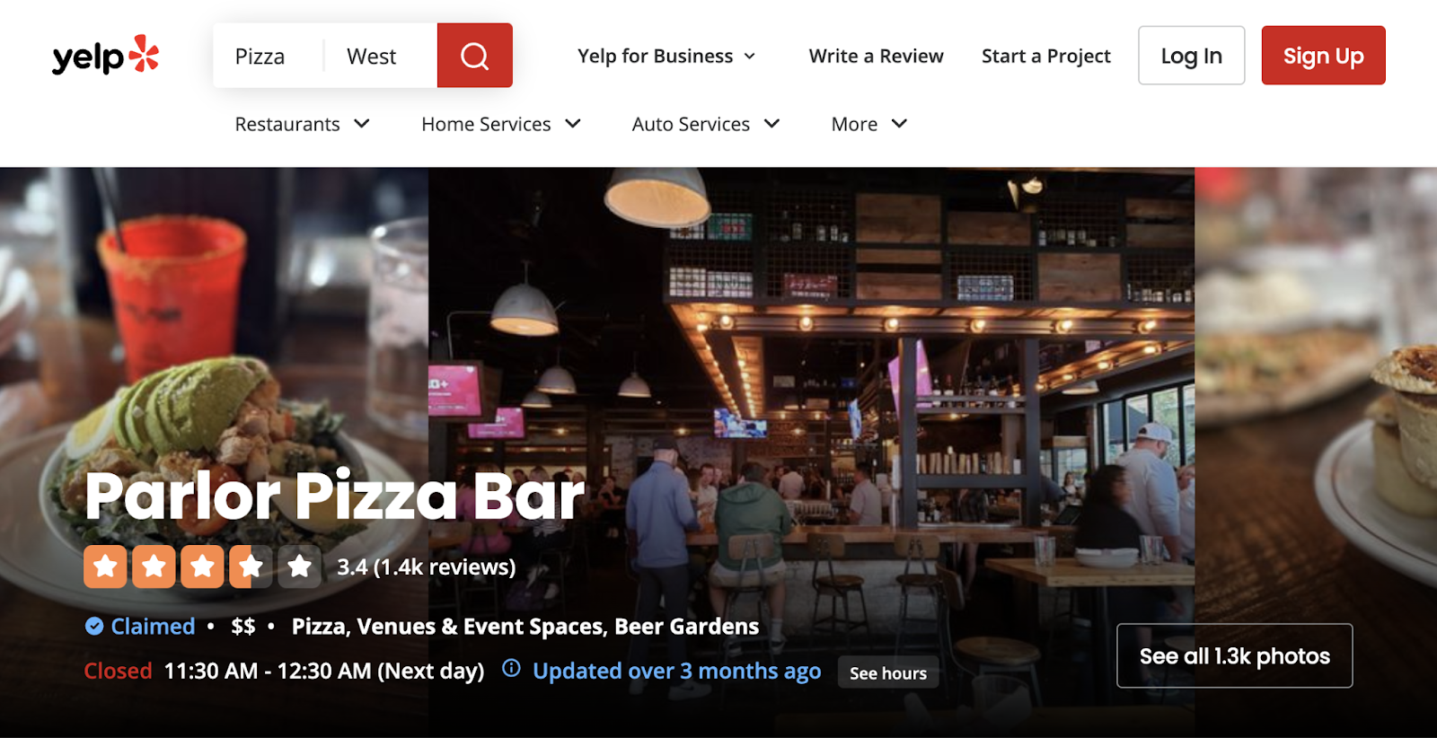 A local business's Yelp profile shows average star ratings and total reviews.