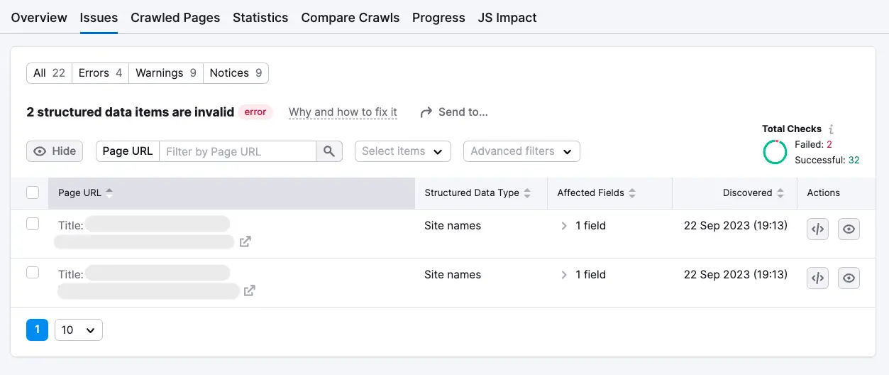 Structured data issues identified in Site Audit