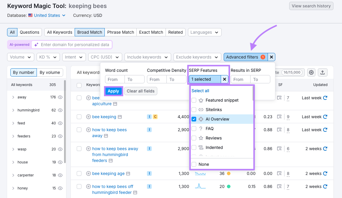Keyword Magic Tool with “AI Overview” filter and keyword metrics