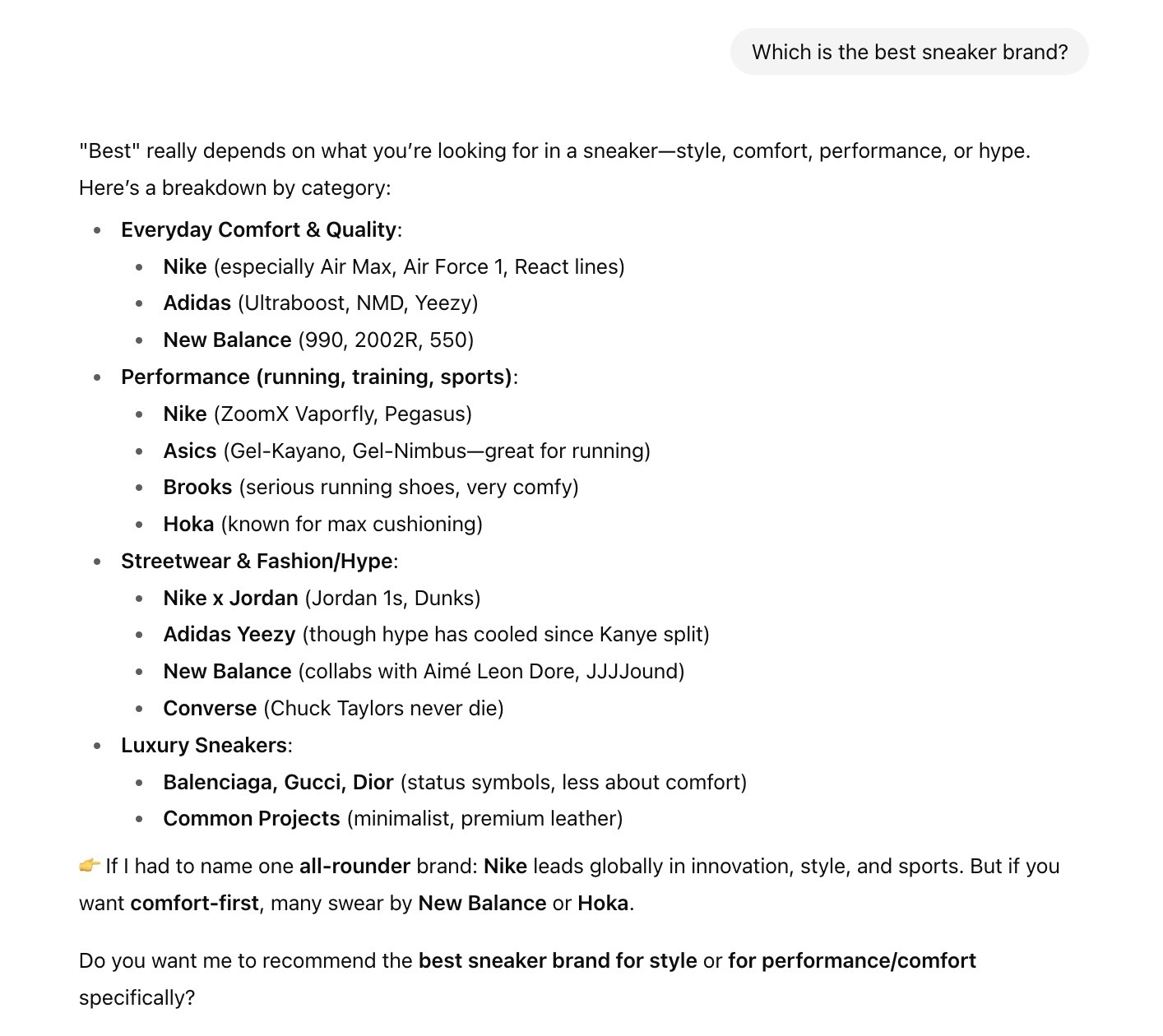 The prompt "Which is the best sneaker brand?" receiving a text answer with no links on ChatGPT.