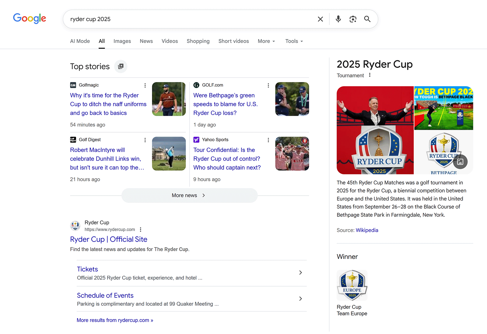 Google search results page for “Ryder Cup 2025” showing Top Stories, Knowledge Panel, and official site link.
