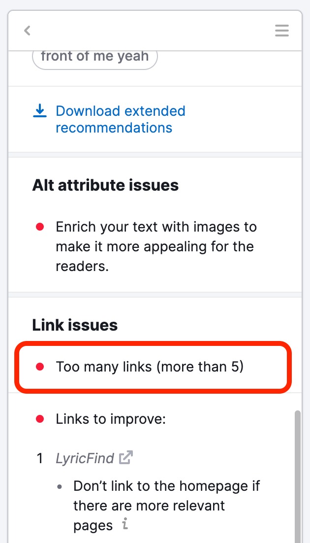 SEO Writing Assistant showing link issues: Too many links (more than 5).